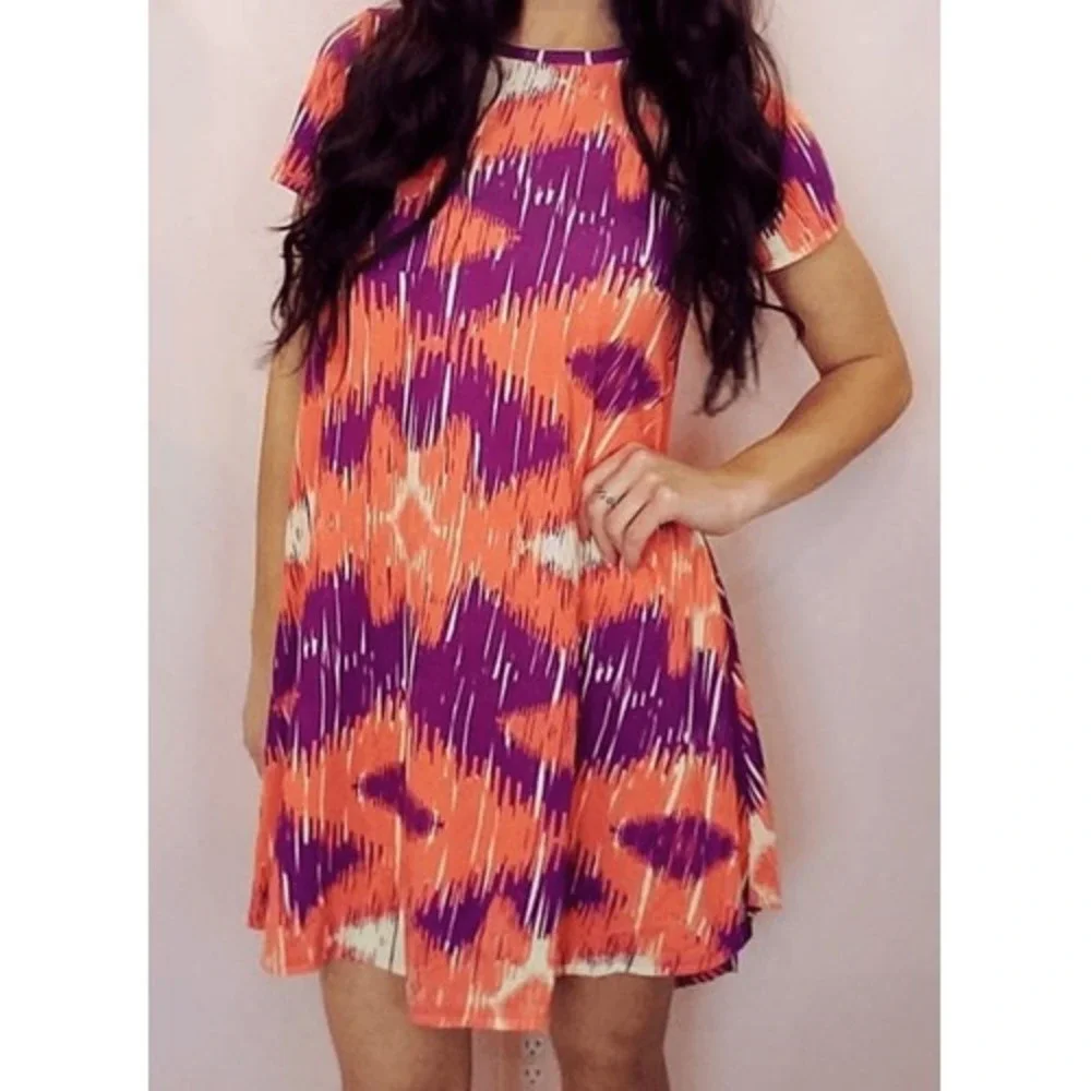 LuLaRoe Carly Swing Dress XXS Ikat Abstract Coral Purple High Low Pocket Stretch